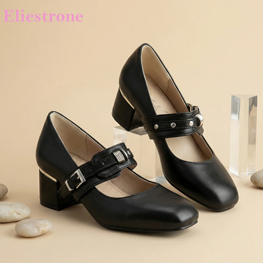

2026 Spring Breathable Plus Large Size 44 48 Women's Pumps PU Block Heels Non-Slip Rubber Sole Elastic Strap Shoes