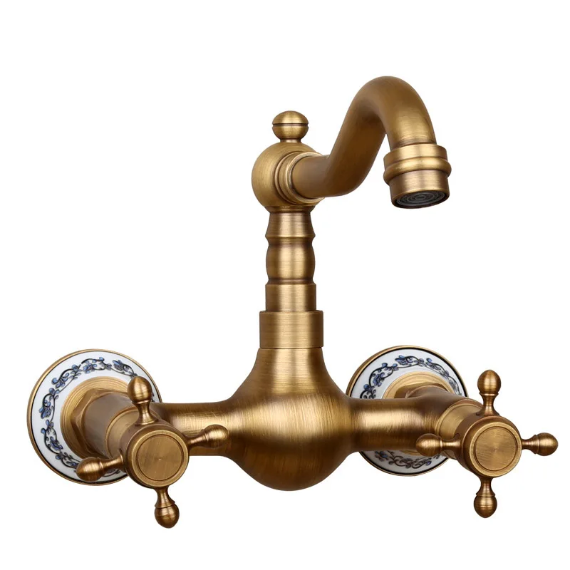 Basin Faucets Antique Brass Wall Mounted Kitchen Bathroom Sink Faucet Dual Handle Swivel Spout Hot Cold Water Tap with tow pipe