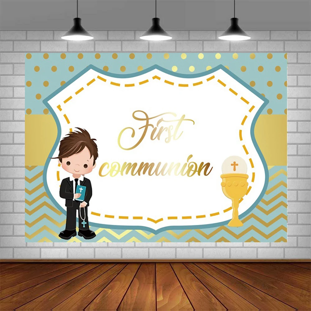 Fondo de fotografía de mi primera comunión para niños, telón de 6x4 pies, cáliz de crucifijo, brillo dorado, póster personalizado