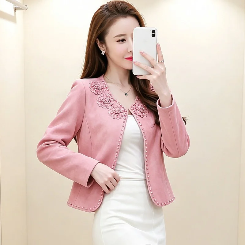 Spring Autumn New Three Dimensional Flower Nail Bead Short Jacket Women Coat Fashion Imitation Suede Slim Suit Top Outerwear