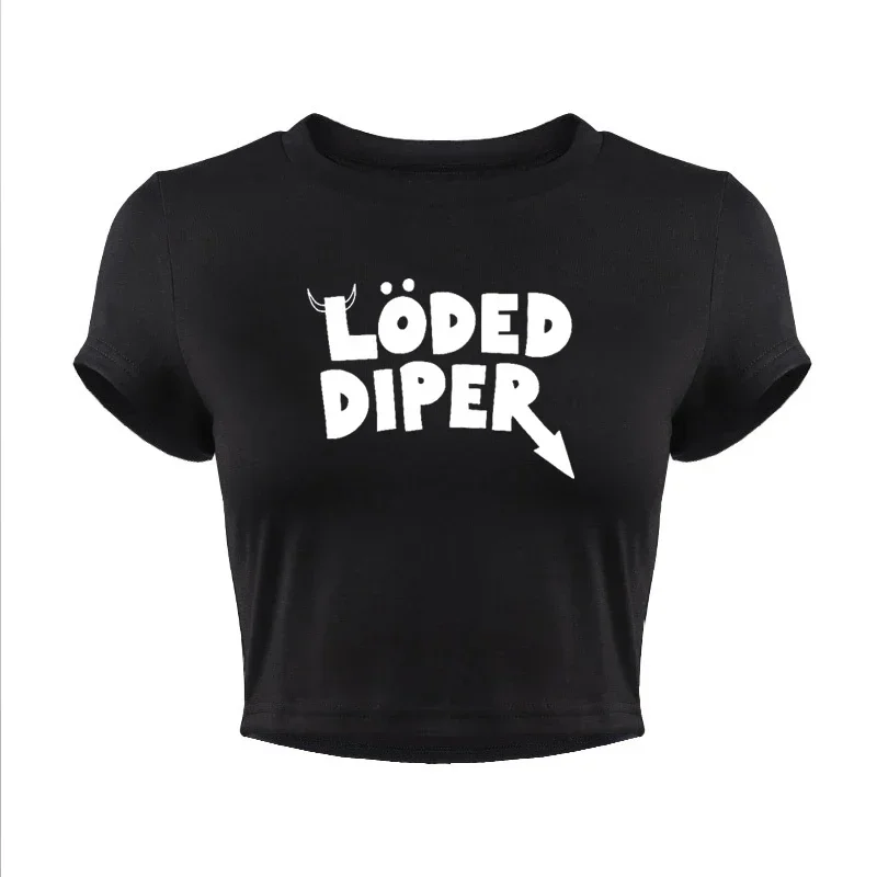 Loded Diper Funny Letters Women Cropped Tops Sexy Party Graphic Tee O Neck Harajuku Slogan Baby Tee Y2k Fashion T Shirts Female