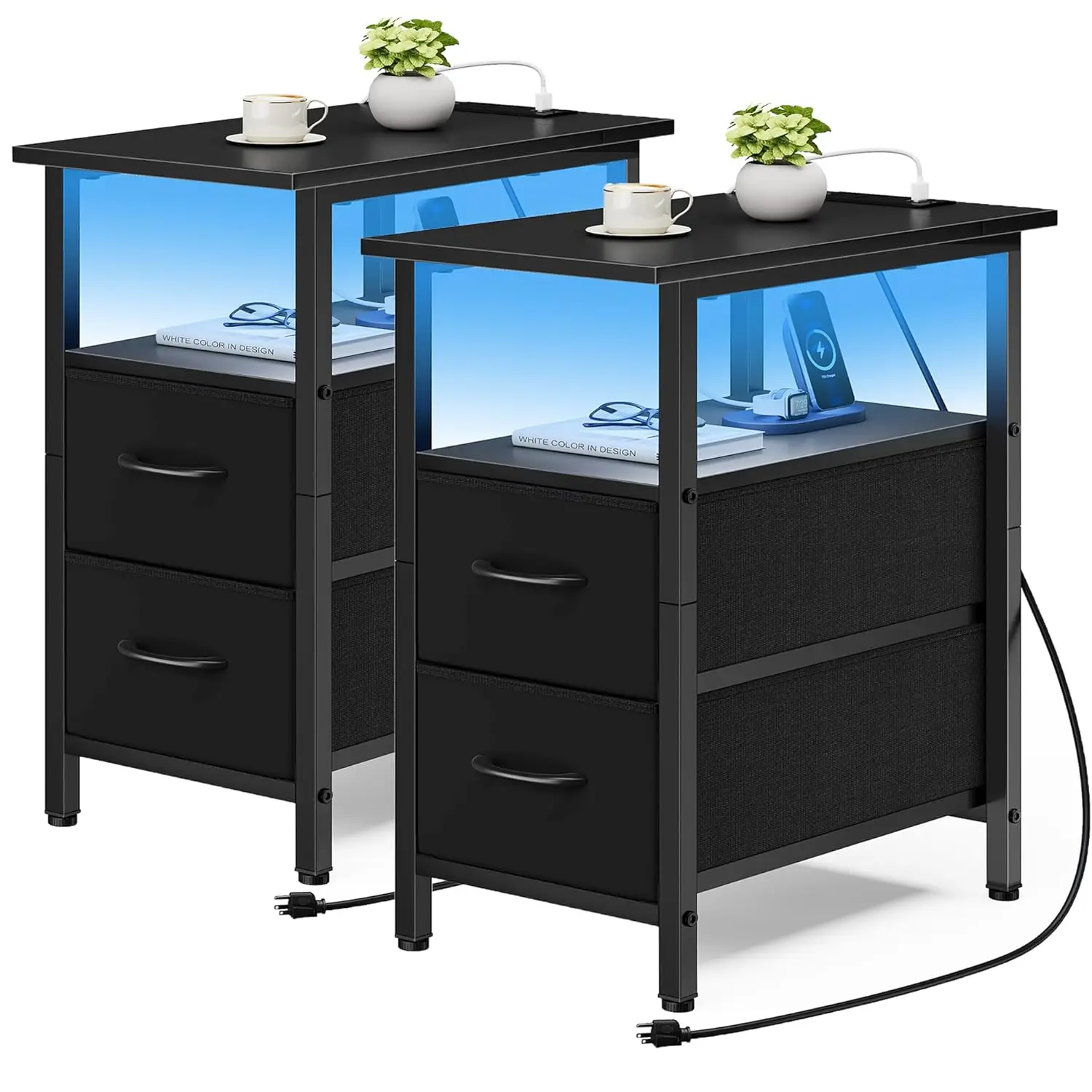 

Set of 2 Black Nightstand with Charging Station and LED Lights, Narrow Side Table, LED Night Stand with 2 Fabric, Customized