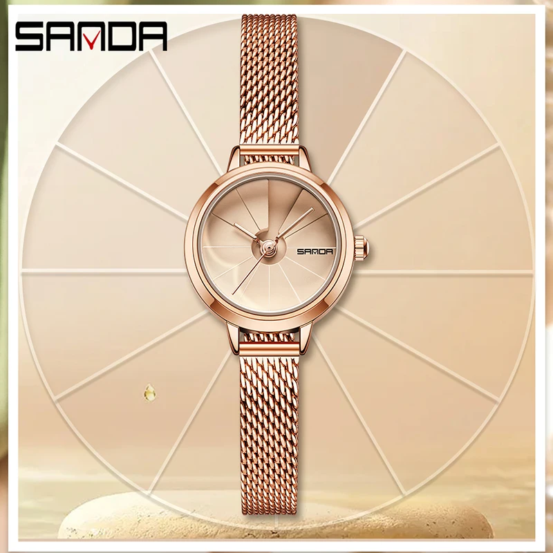 SANDA-reloj de cuarzo de oro rosa para mujer, relojes informales a la moda, correa de cuero marrón, reloj impermeable + caja de regalo