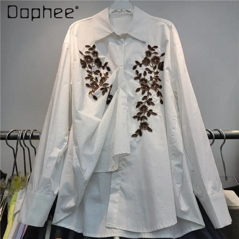 

2026 весенняя новая женская роскошная универсальная модная дизайнерская рубашка с тяжелой вышивкой и длинными рукавами с отложным воротником, женская рубашка