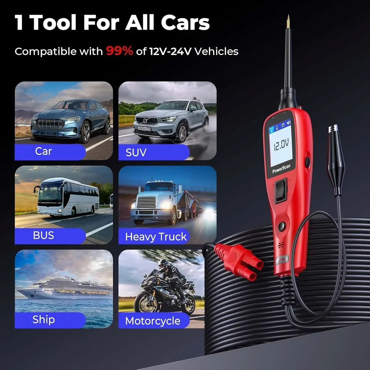 Autel PowerScan PS100 جهاز اختبار مسبار دائرة الطاقة 12 فولت 24 فولت الرقمية التيار المتناوب تيار مستمر الجهد الكهربائي نظام أدوات تشخيص السيارات