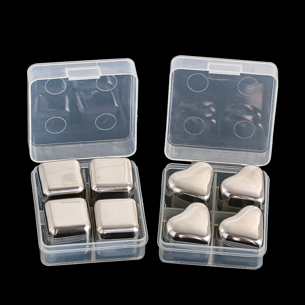 Enfriadores de vino de acero inoxidable, cubitos de hielo reutilizables, piedras refrescantes en forma de cubo o corazón, juego de regalo de bebidas de vino blanco rojo con caja, 4 Uds.