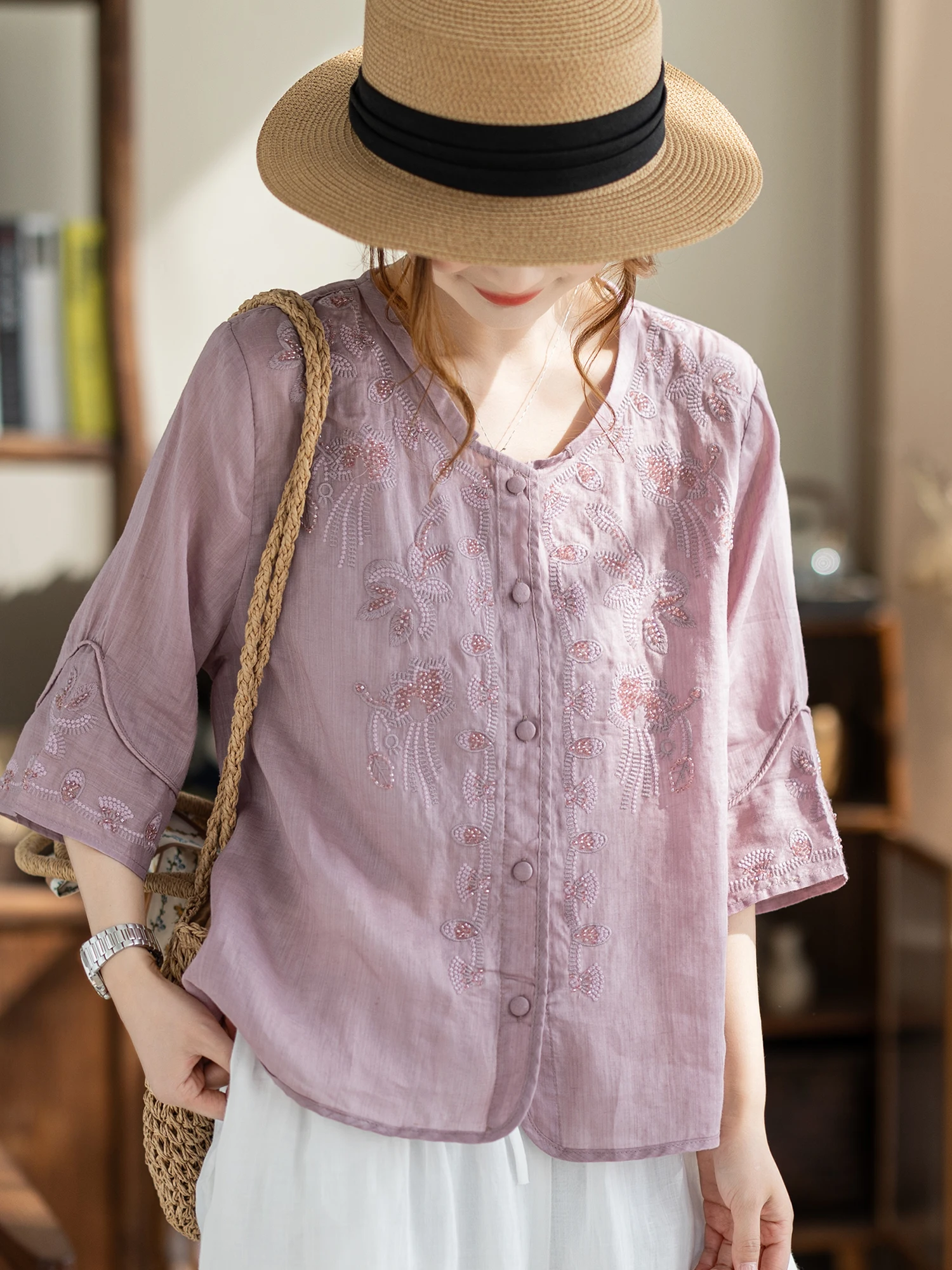 

Kamiyu 100% Flax Summer New Retro Embroidered Loose Sleeveless Women's Shirt Seven-Quarter Sleeve Open Cardigan Artistic Top