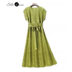 Luxury Split Waist V-Neck 100% Natural Mulberry Silk Satin HuaLuo Breathable Waist Sealing Women's Fashion Casual Green Dress