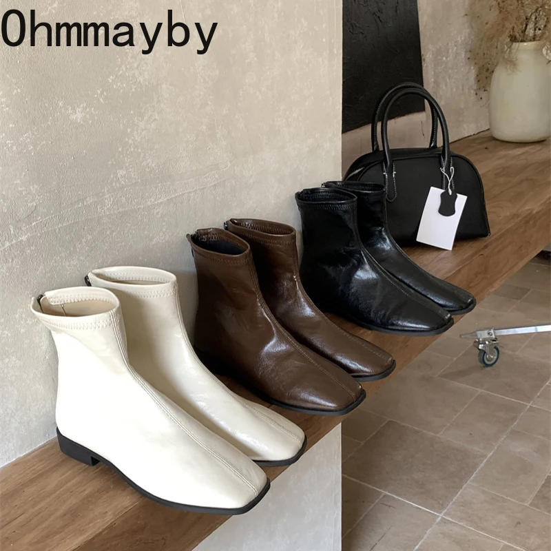 

2025 Spring Women Modern Ankle Boots Fashion Square Toe Short Booties Concise Soft Leather Flats Shoes