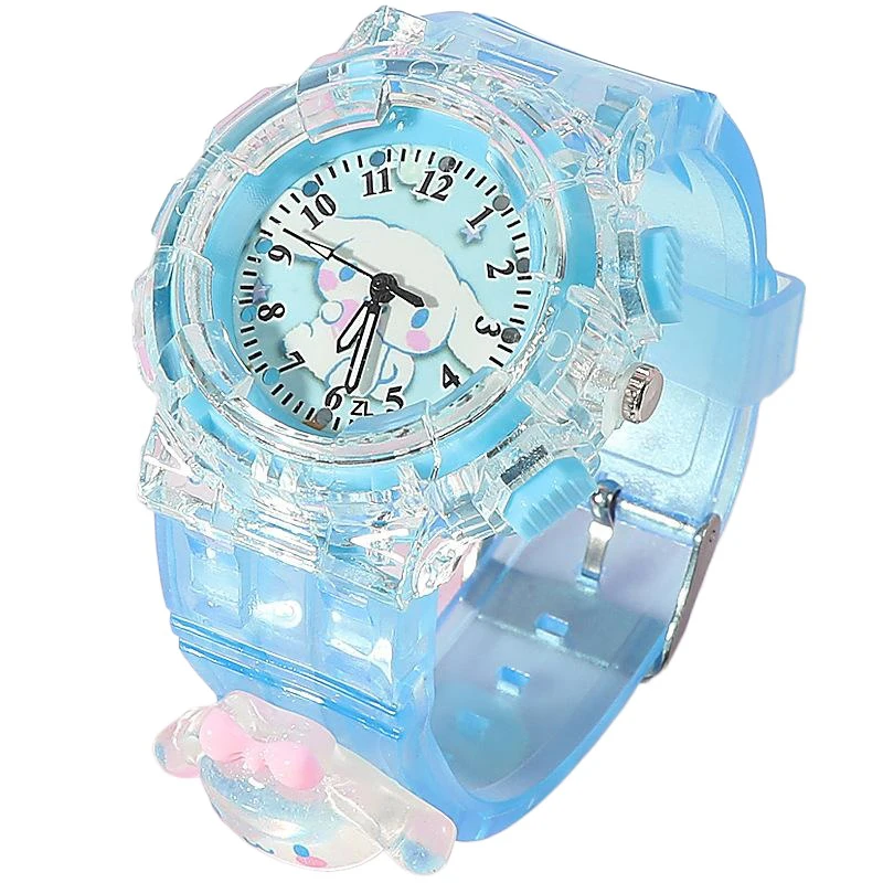 Jam tangan kartun Miniso Anime Sanrio Pachacco Cinnamoroll Kuromi Melody jam tangan kuarsa silikon bercahaya pelajar anak perempuan jam tangan bercahaya