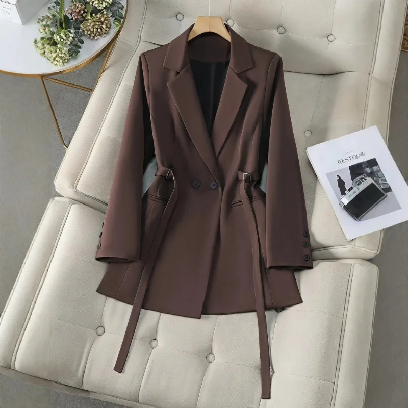 Women Dark Brown Blazer Double Breasted Side Strap Waist Tie Lapel Collar Commuter Suit Jacket