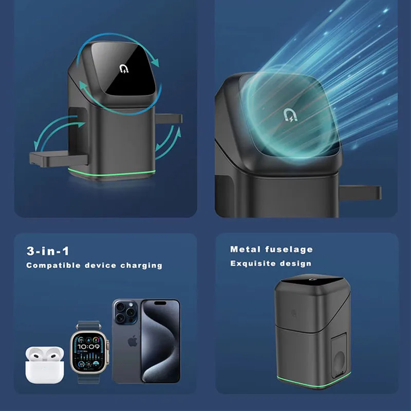 30 واط 3 في 1 Qi2 قابلة للطي سريع المغناطيسي شحن لاسلكي حامل شاحن حامل للتدوير آيفون AirPods سماعات ملحق