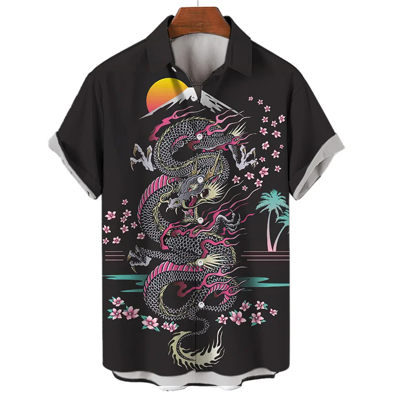 Galaxy Chinese Dragon Print Men Short Sleeve Shirt, Moon Cloud Fantasy Pattern Cuban Collar Summer Casual Beach Tops