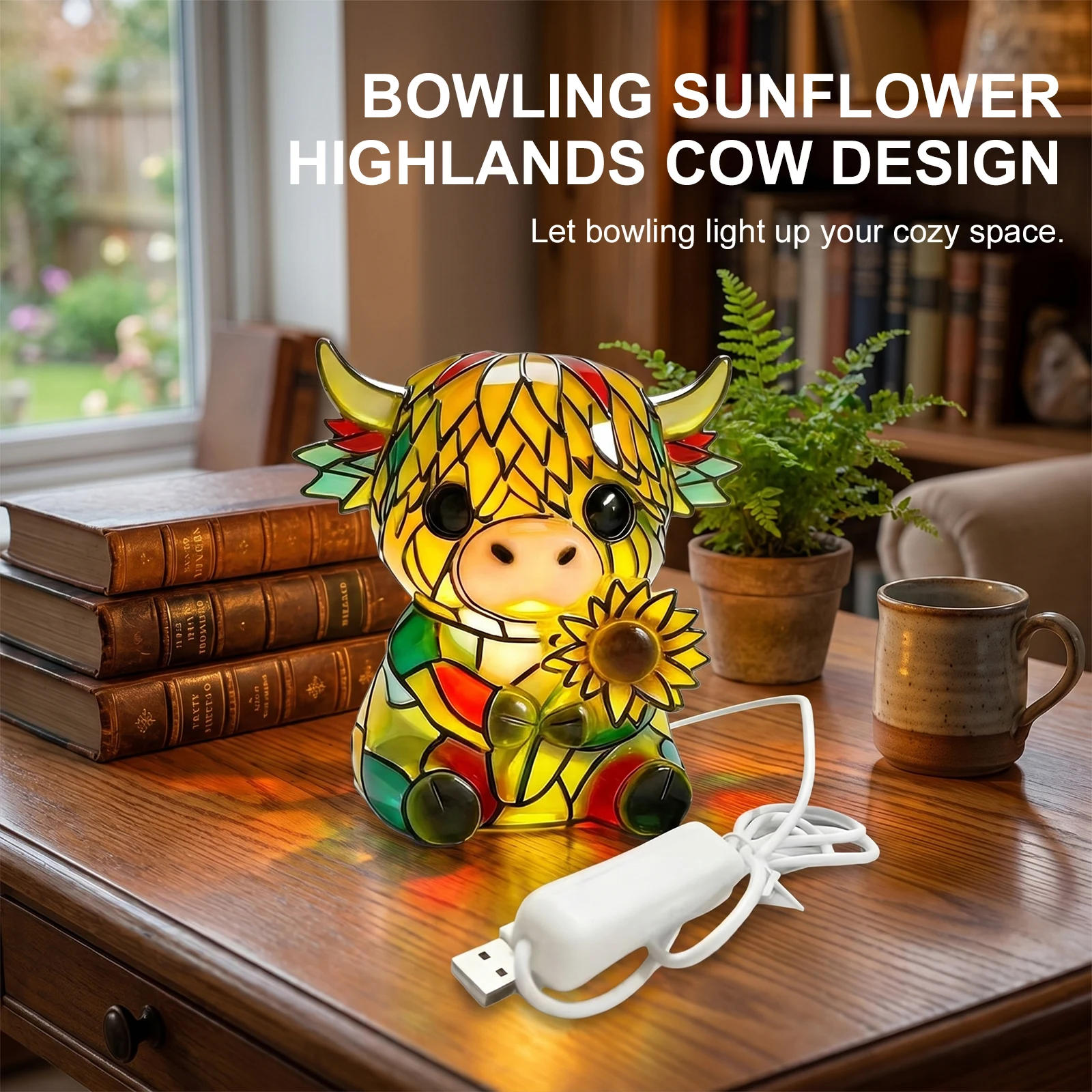 

Resin Sunflower Highland Cow Colorful Table Lamp with USB Ports Small Bedside Table Light for Living Room Home Office
