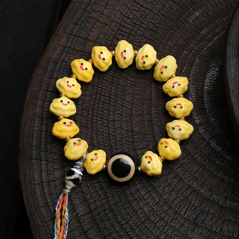 

Tibetan-Style Root-CarvedBead Bracelet withPainted Clouds and Plants Agate Lion-AwakenFishboneClasp Buddhist PrayerBead Bracelet
