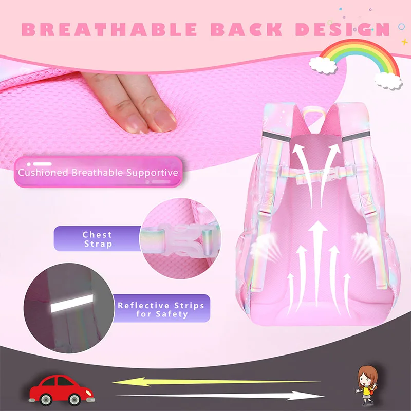 Mochila escolar con purpurina para niñas y niños, morral escolar de 3 piezas con estuche para el almuerzo y dibujos animados Kawaii