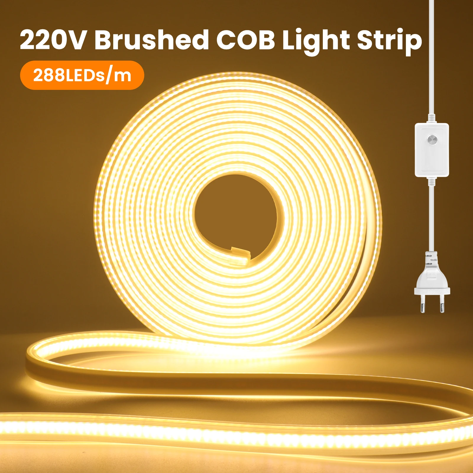 

220V COB LED Neon Strip Light with ON/OFF Switch/Dimmer/Power Plug 288Leds/M IP67 Flexible Ribbon Tape for Home Garden Lighting