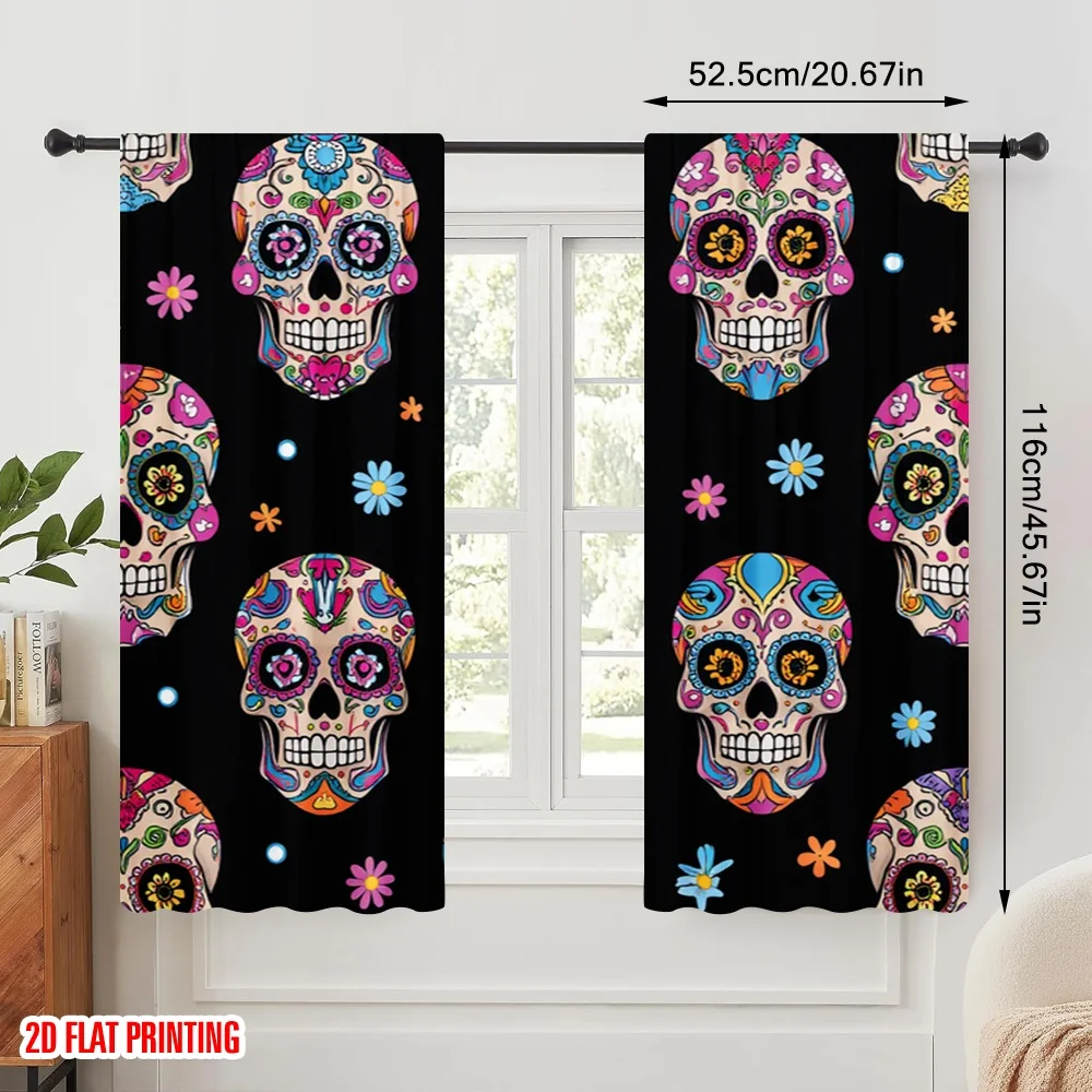 2pcs 2D flat printing Halloween Window Curtains Day of the Dead Flower Skull Polyester Without Electricity Festive Holiday Use
