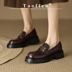 Taoffen Casual Loafers Genuine Leather Square Heel Metal Decoration Women's Pumps Round Toe Anti-slip Slip-On Office Lady Shoes