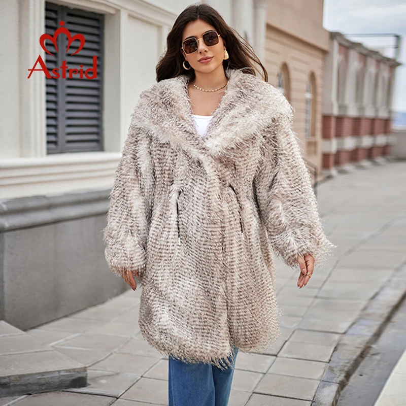 Abrigo largo de piel sintética Astrid para mujer, chaqueta de piel colorida con capucha holgada de invierno de talla grande, abrigo peludo de lujo para mujer 2024