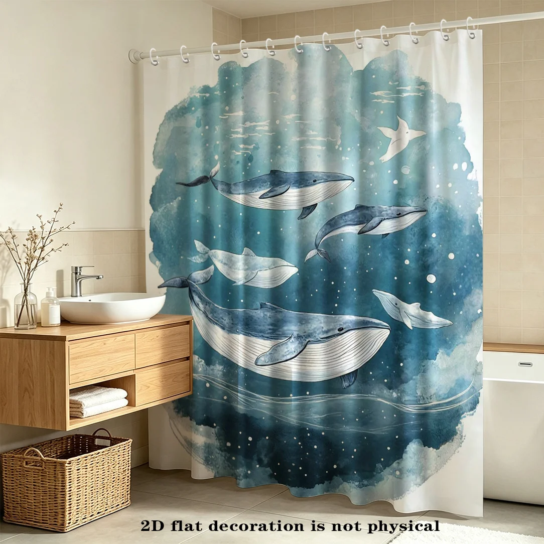 2D Flat, 2D Flat Shower Curtain 1pc, Undersea Whale Art Print Shower Curtain, Serene Deep Sea Art Texture,, Includes Hooks for E