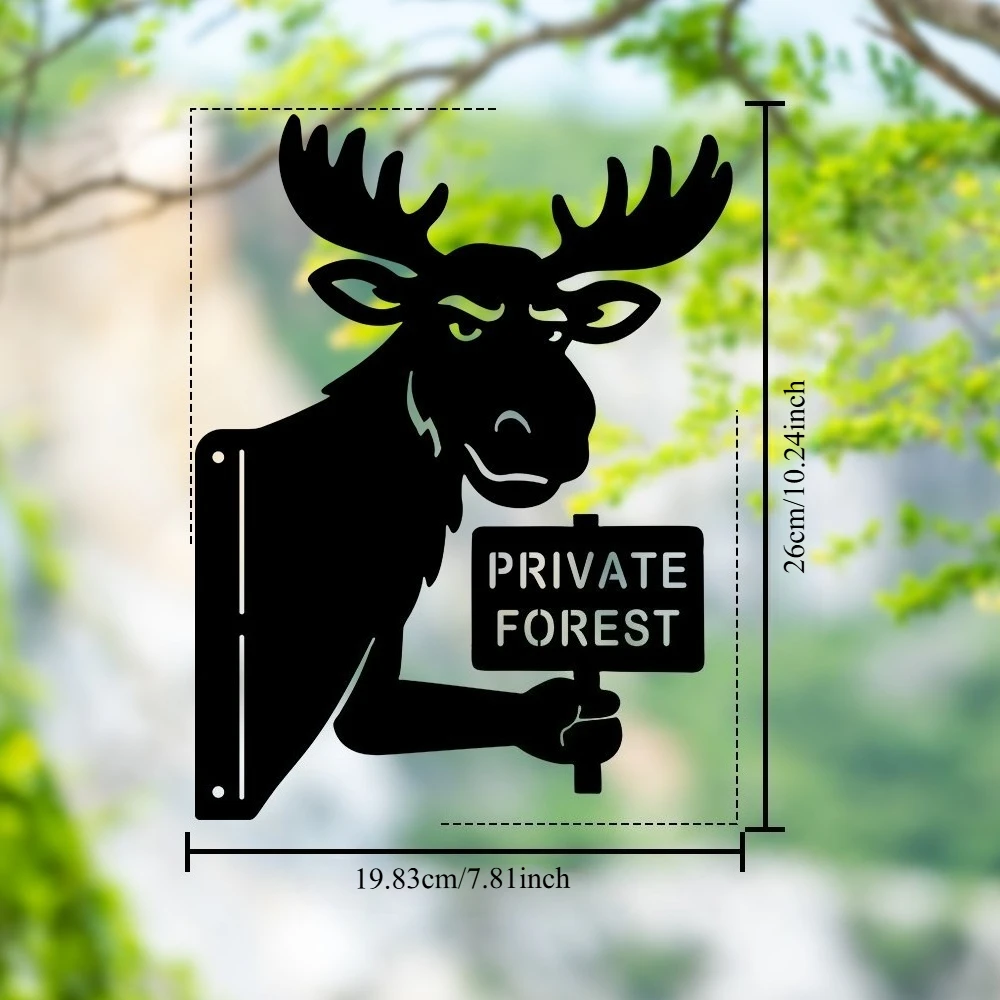 Moose Metal Yard Sign, 'Private Forest' Peeking Moose Outdoor Decor, Black Metal Art for Fence Post & Garden