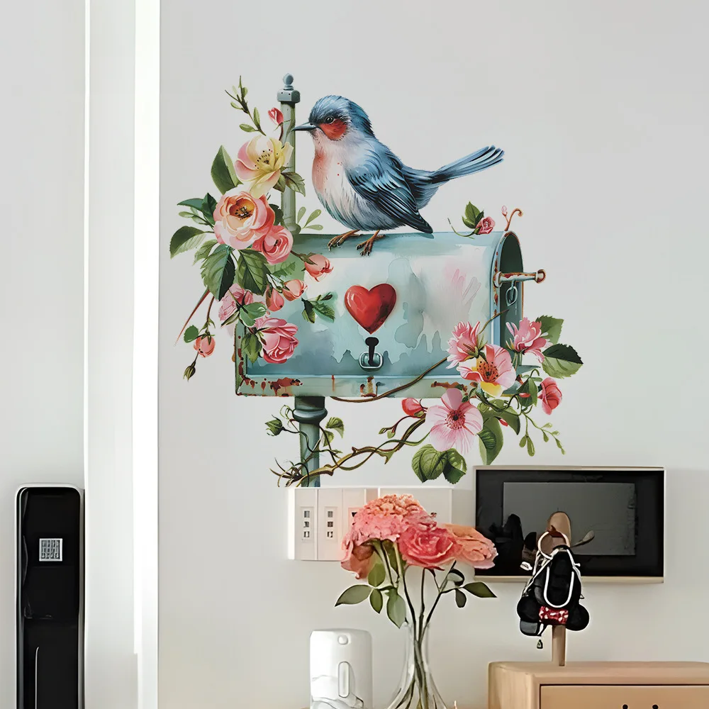 Cartoon Flower Bird Mailbox Wall Sticker Living Room Background Decoration Door Mural Bedroom Home Decor Self-adhesive Decals