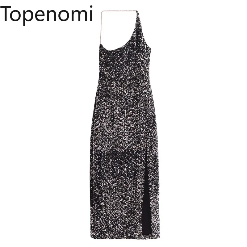 Topenomi Sexy Sequins Asymmetric Sling Evening Dresses Autumn New Sleeveless Waist Slim Split Banquet Party Long Dress Fashion