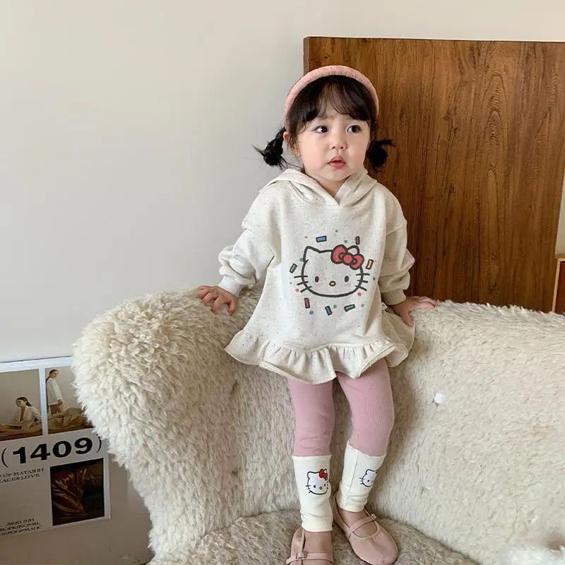 Autumn Girls Sweatshirt Dress Pure Cotton Cartoon Kt Cat Spring and Autumn Kids Medium Length Hooded Skirt Versatile Leggings