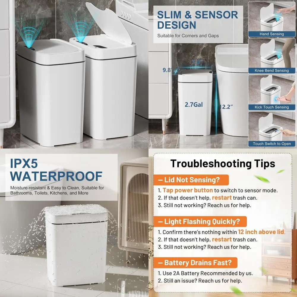 

2-Pack 2.7 Gal Touchless Trash Cans with Lid, Slim Motion Sensor Bathroom Bins, Waterproof for Home Office Use