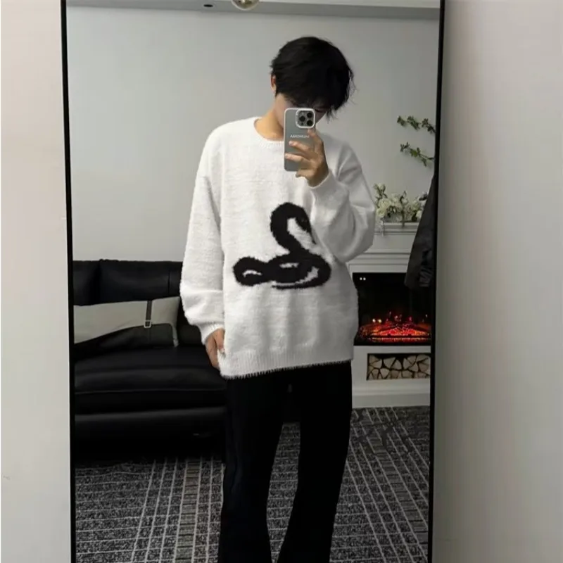 Japanese Sle Knitted Sweater for Men Snake Pattern Embroidery Large Size Autumn Winter Baseball Collar Long Sve Loose Fit