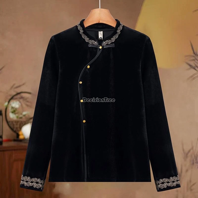 

2025 new chinese retro elegant style velvet shirt for women new embroidered long-sleeve stand collar base layer cheongsam blouse