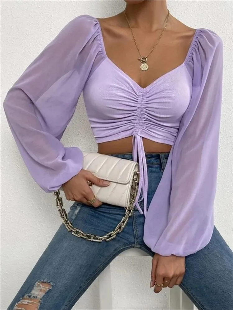 

2025 Woman’s Tops Solid Color V-neck Long Lantern Sleeve Drawstring Front Sheer Sleeve Ruched Blouse Female Sexy Elegant Blouses