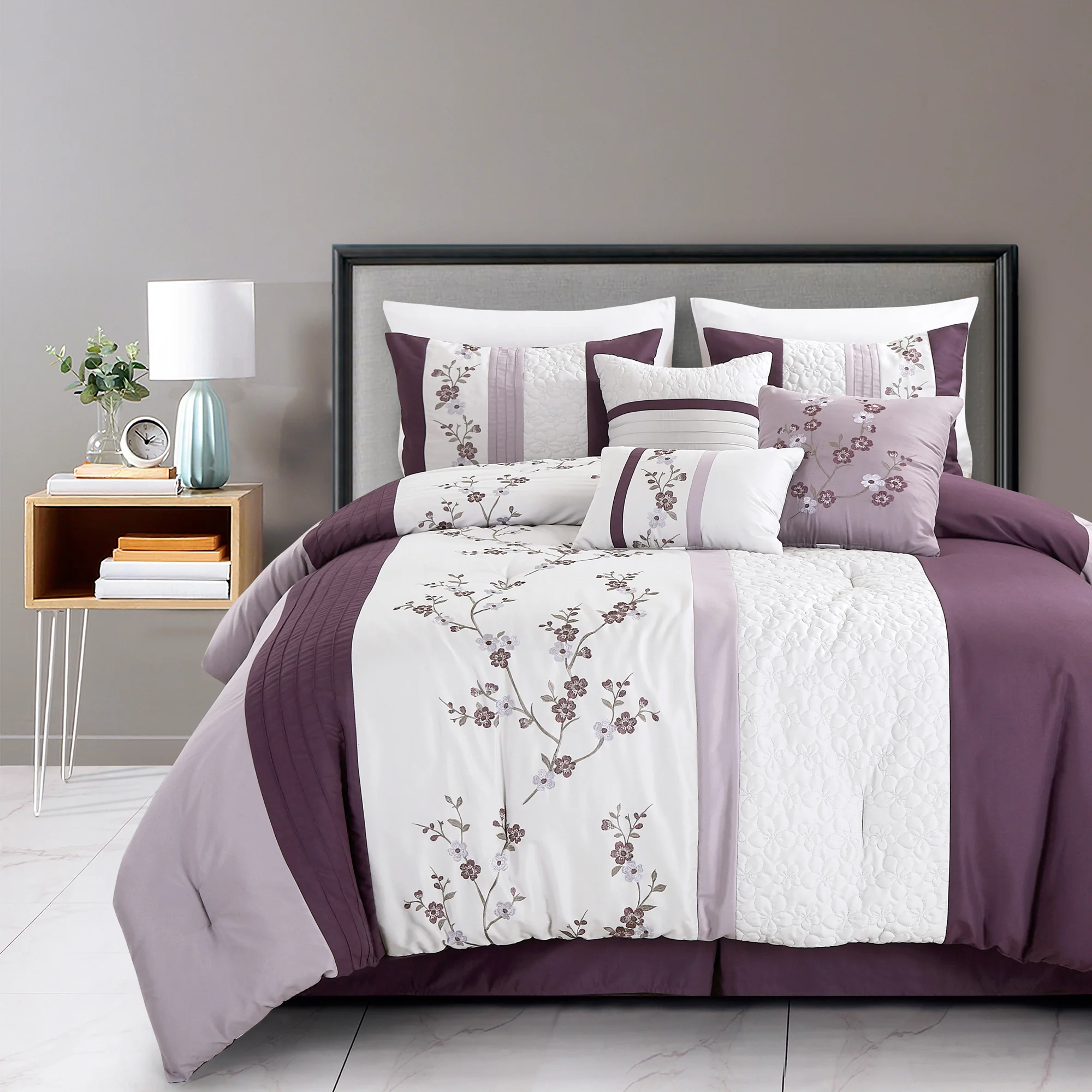 

Linnea 7-Piece Luxury Cherry Blossom Floral Embroidery Comforter Set, California King/King/Queen/Full Size