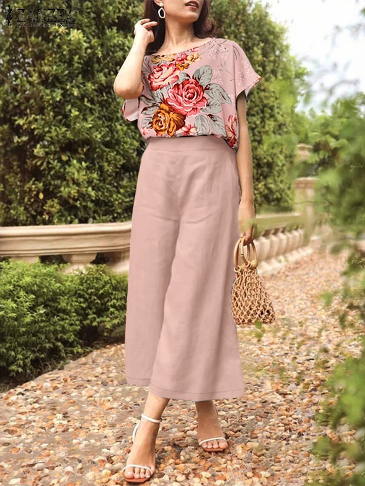 

ZANZEA Daily Casual Pant Sets Floral Print Boatneck Short Sleeve Blouses Summer Women Wide Leg Pants 2 Piece Sets 2PCS Outfits