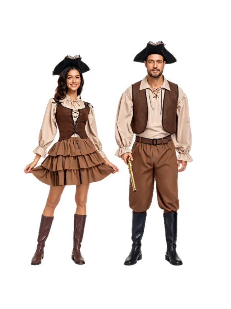 Kostium na Halloween dla dorosłych par: piracki cosplay, średniowieczna sukienka z falbanami, kostium kapitana Jacka Sparrowa, pełny zestaw na imprezę, przebranie. — 2