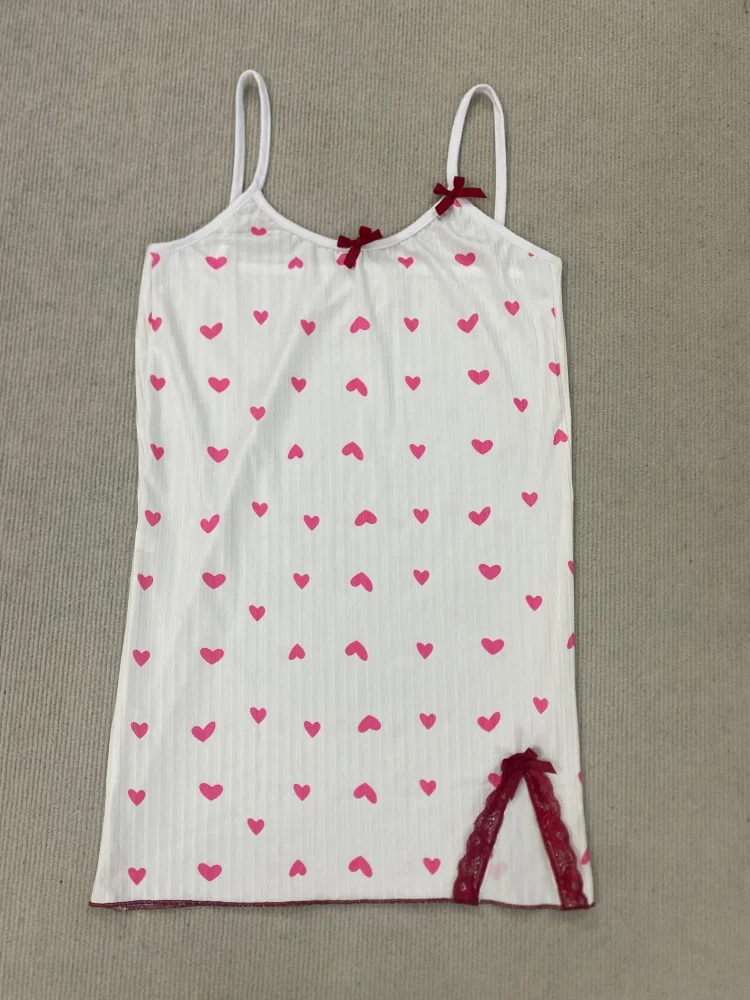 Heart Print Color Block Split Dress With Lace Trim Bow Detail Sleeveless Slip Dress For Women New Arrival