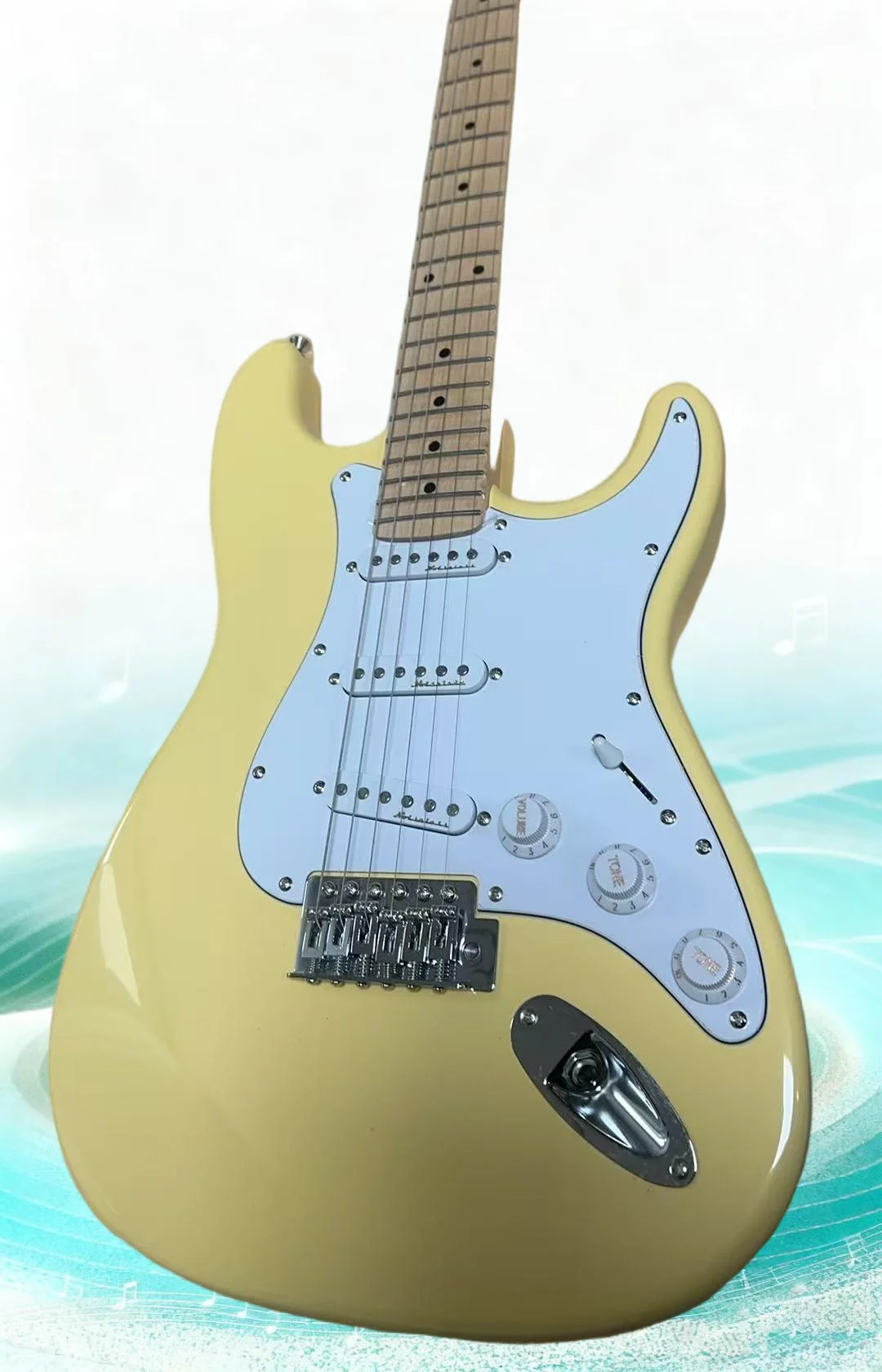 Guitarra profesional con diapasón festoneado, pastillas Dimarzio, guitarra Malmsteen, guitarra Big Head, guitarra de color amarillo lechoso