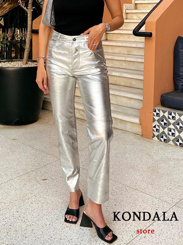 

KONDALA Streetwear Silver PU Pants Women High Waist Pockets Straight Trousers Fashion 2023 Y2K Girl Pants Shiny Female Trousers