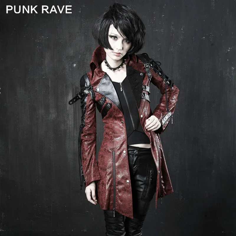 PUNK RAVE Gothic Style Women Vampire Red Punk Studded Heavy Pu Motorcycle Jacket Leather Fashion Brand Quality Long Coat