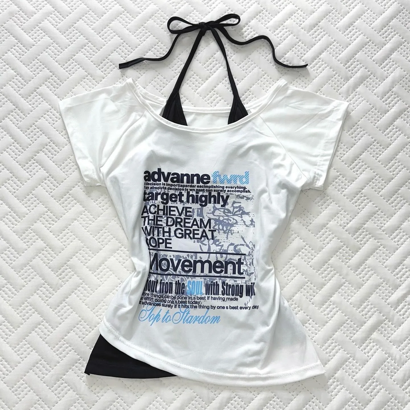 

Y2k Aesthetic Slim Crop Tops Women Grunge Print Harajuku Casual Sexy Tee Summer Fake Two Pieces Halter Bandage Vintage T-shirts