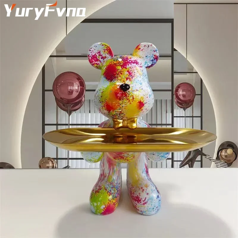 YuryFvna Graffiti Bear Ornament Figurine Home Decoration Animal Statue Keys Storage Shelf Modern Room Sculpture Table Decor Gift