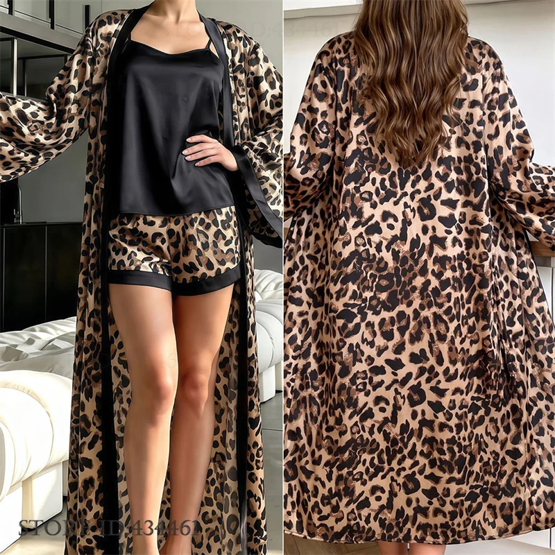 Spring Summer New Women's 3PCS Long Robe Pajamas Set Loungewear Sexy Leopard Bathrobe Pijamas Suit Loose Silky Satin Homewear