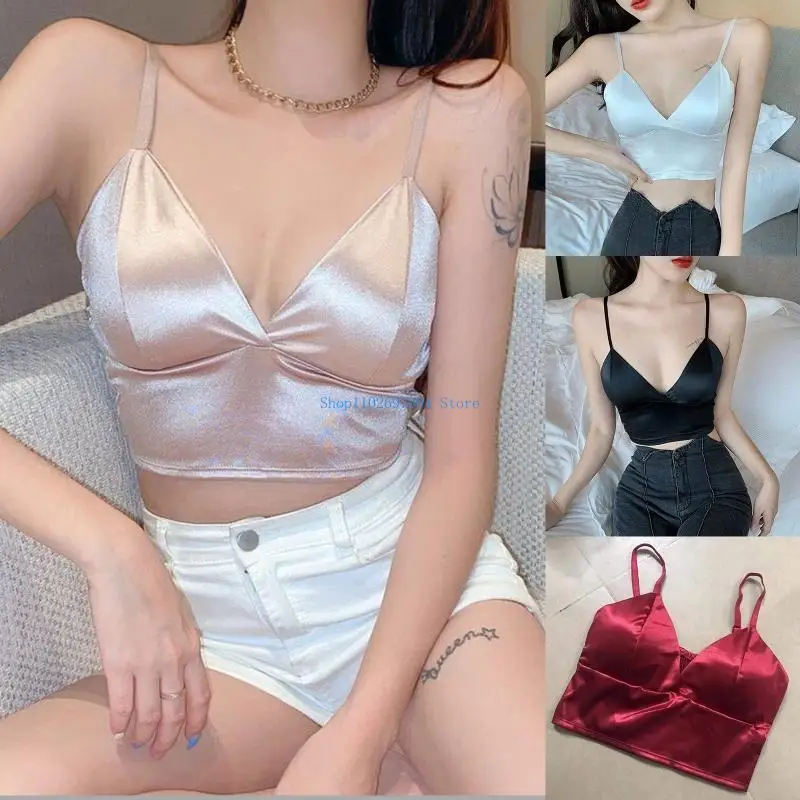 N7YF Women French Satin Spaghetti Pasek Camisole Seksowna głęboka dekolt w szpic na trójkąt kubek wyściełany top shirred