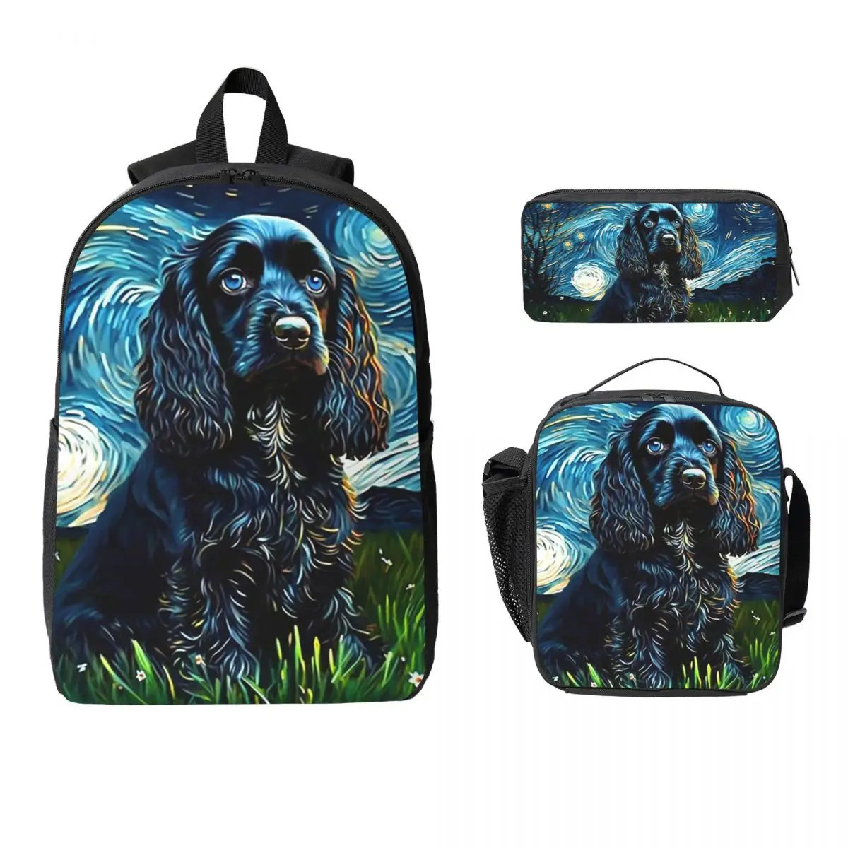 A Cocker Spaniel Puppy Starry Night Backpack BookBag School Bag Computer Shoulder Bags 3ps Insulated Lunch Bag Pencil Case
