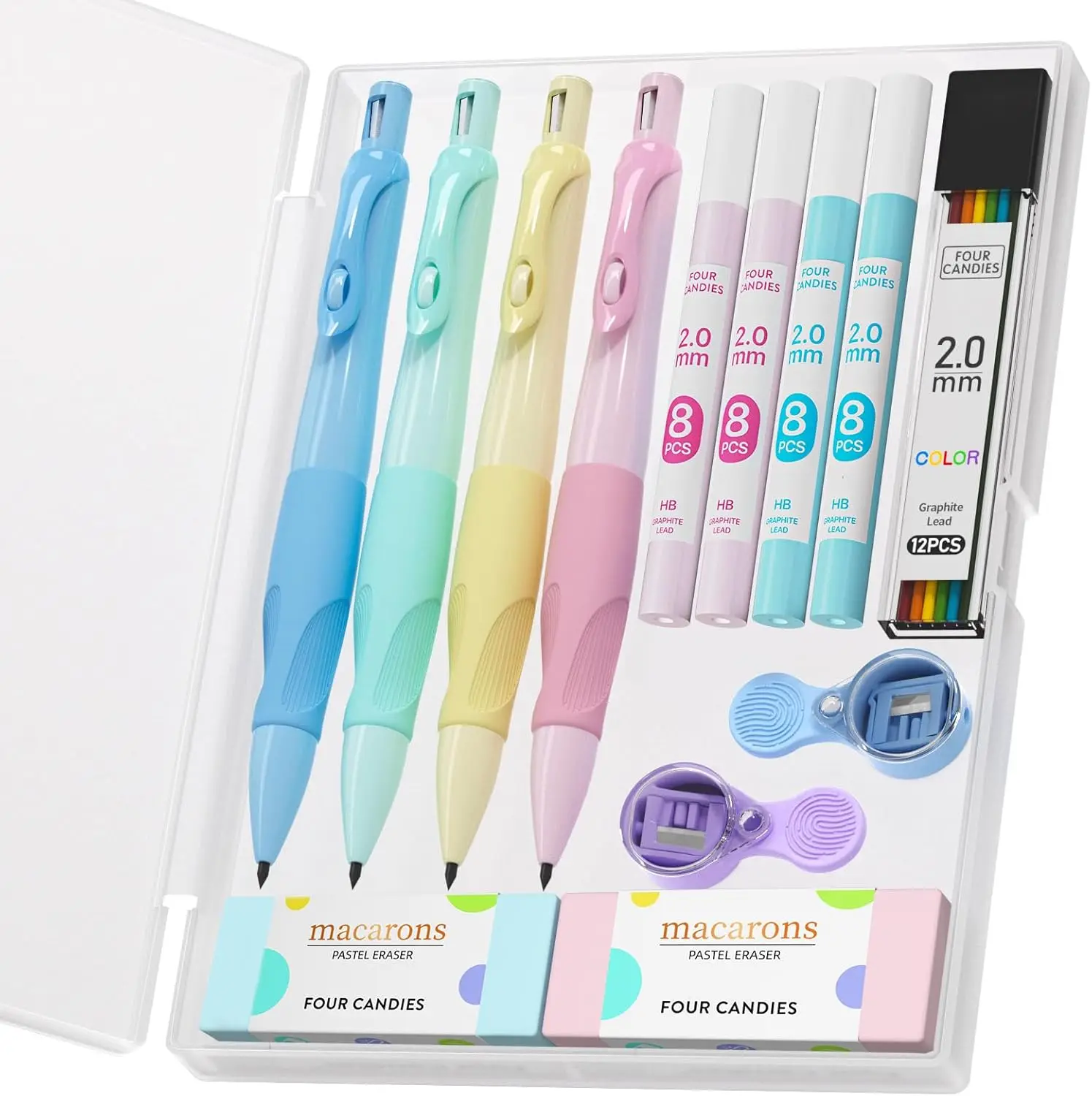 

2.0mm Mechanical Pencils for Kids, 4PCS with Ergonomic Grip, 44 Lead Refills & 2 Sharpeners, Cute School Supplies
