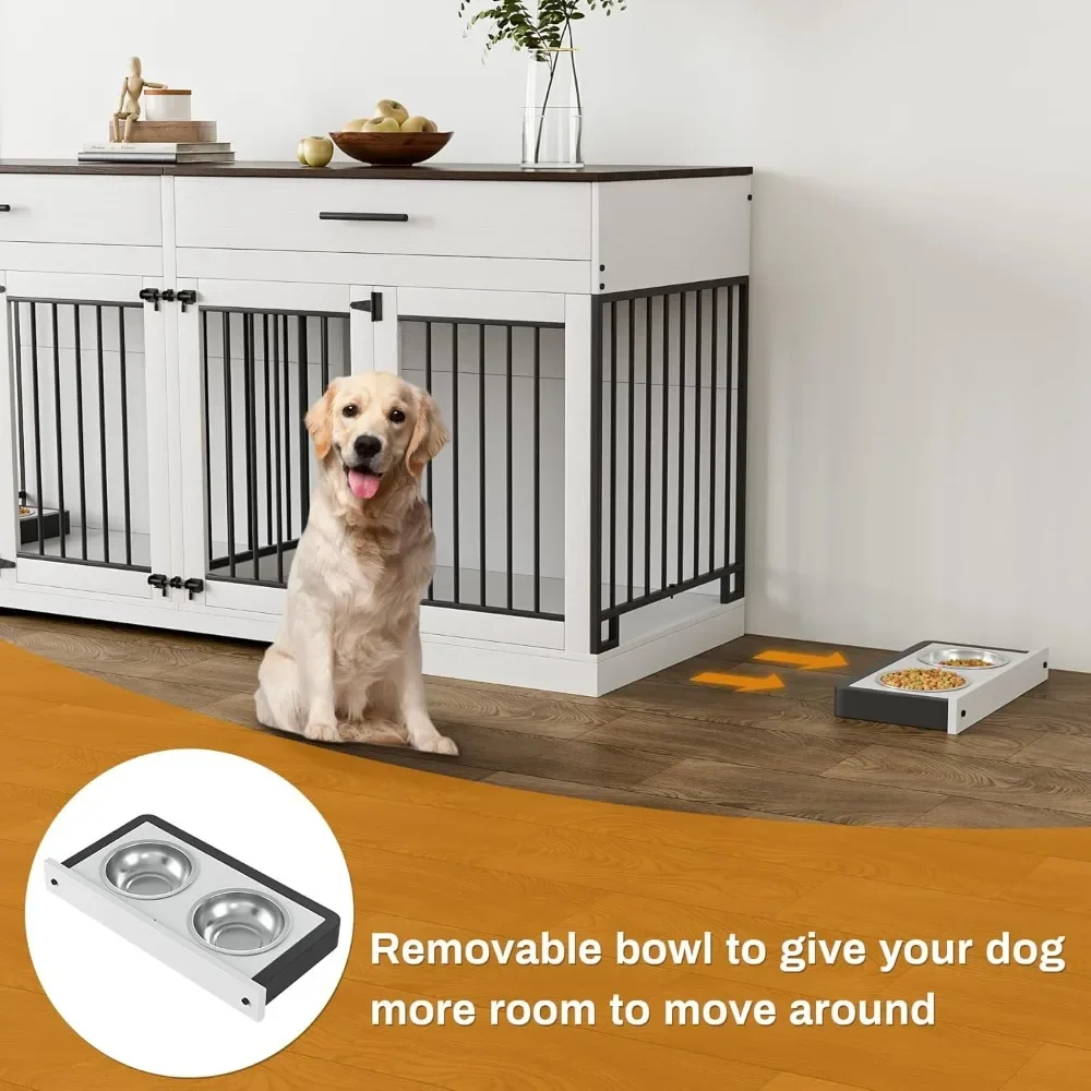 Dog Crate Furniture, 72.05 Inch Wooden Large Dogs Kennel with 2 Drawers & Dogs Bowls, Dog Cage  with Double Doorss & Divider