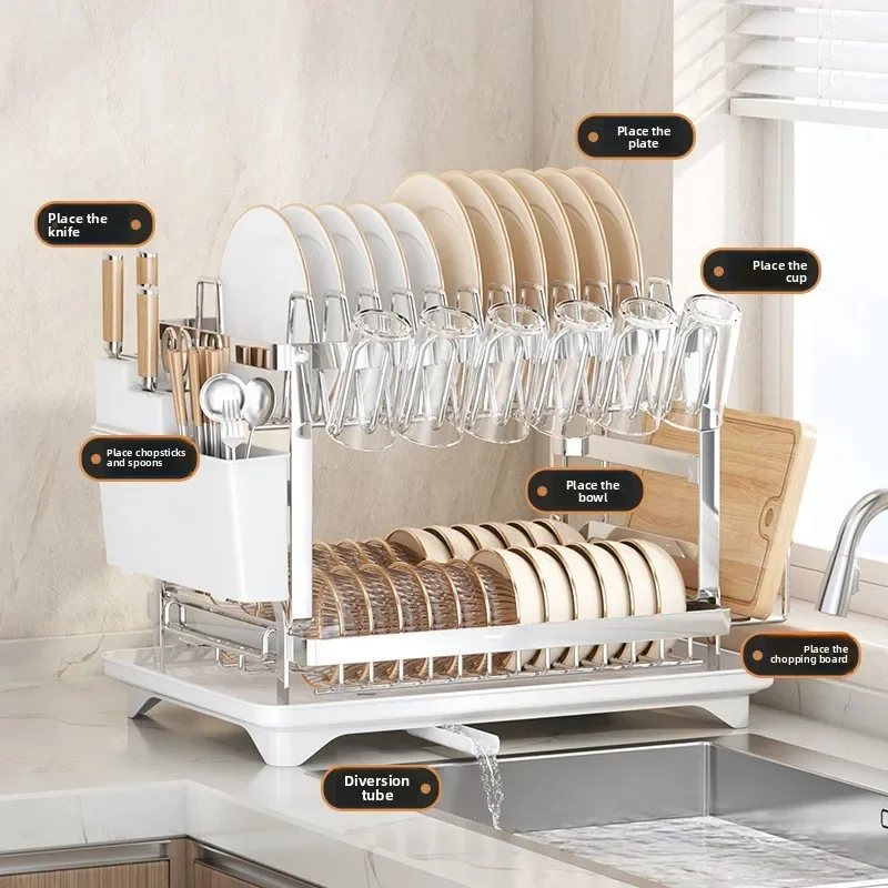 Modern Double-tier Space-saving Non-folding Floor Type Carbon Steel Dish Rack Anti-rust Tableware Sink Multi-functional Bowl