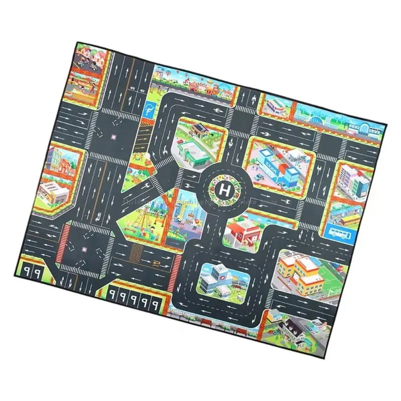 Alfombra juego paisaje urbano plegable, juguete con señales tráfico, caminos, patrón construcción para aprendizaje
