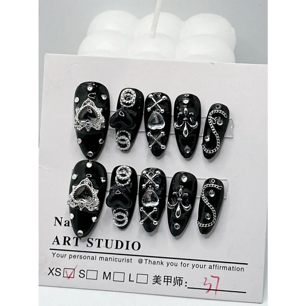 10 Pieces Handmade Wear Nail Dark Mine Series Dark Spicy Girl Style Nail Patch Black Nail Art Finished Fake Nails